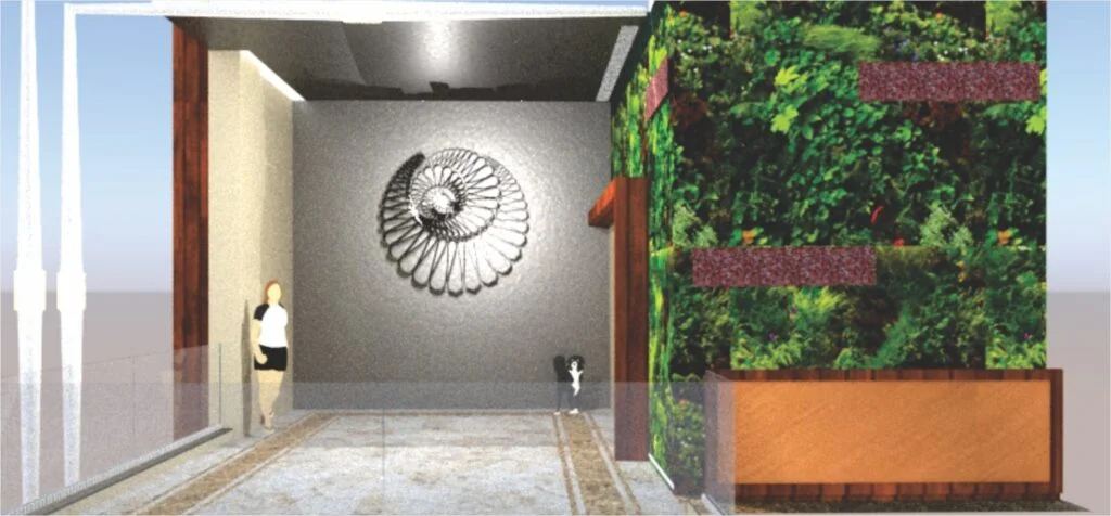 Stainless steel outdoor sculpture shaligram, Fibonacci spiral