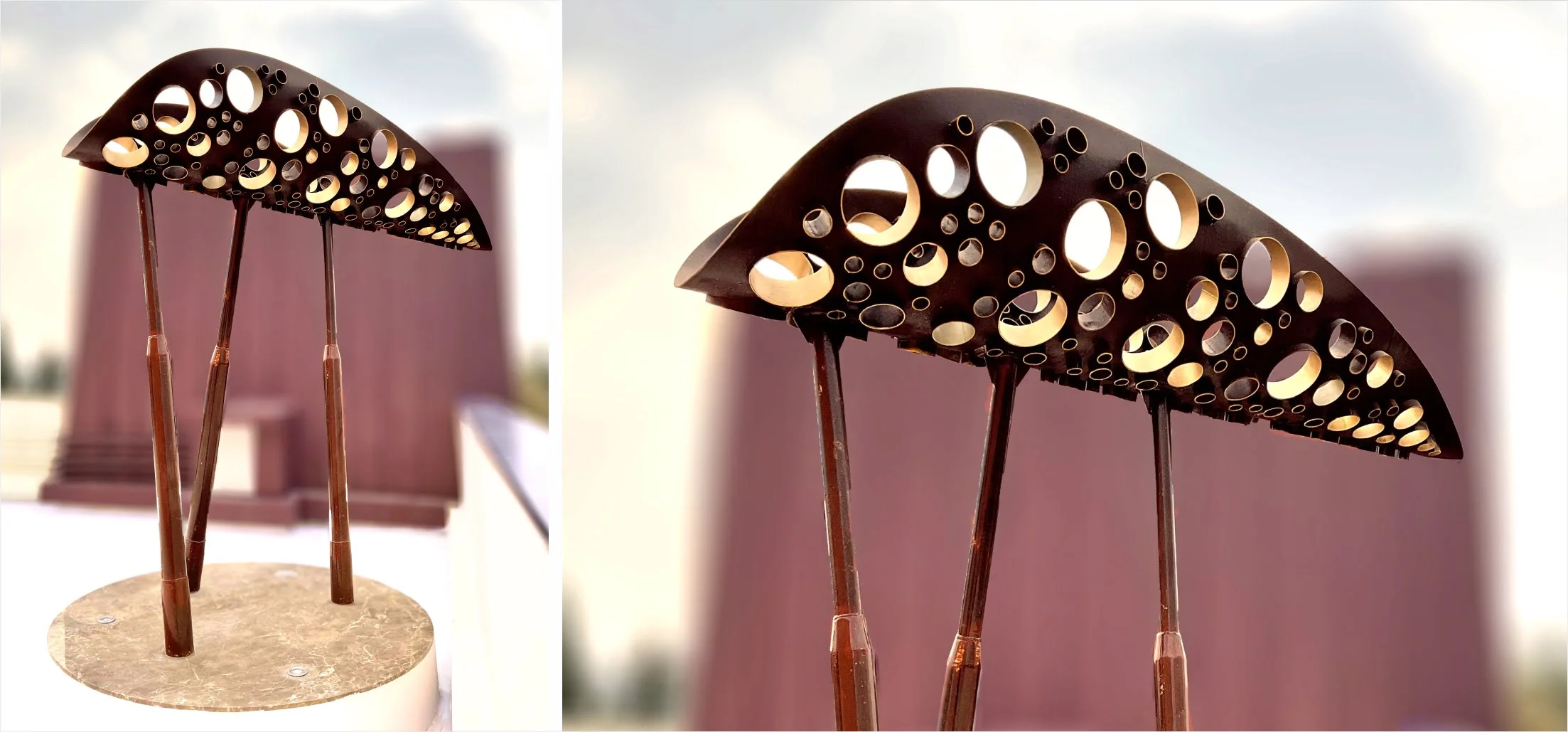 Outdoor garden sculpture in metal, rust and gold finish, leaf shape